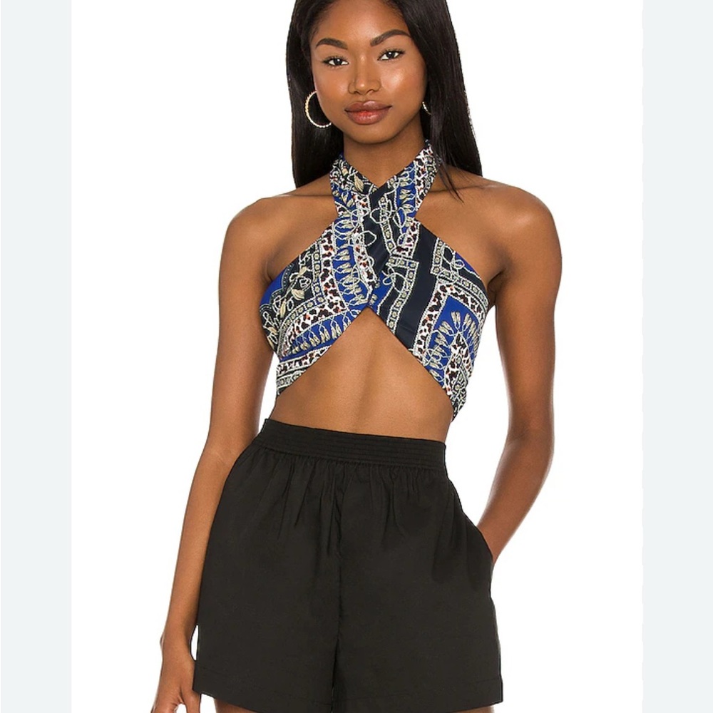 Superdown Blue and Black scarf wrap top